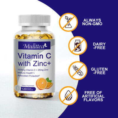 1000Mg Vitamin C Capsules with Zinc Powerful Immune Support Antioxident 60 Caps