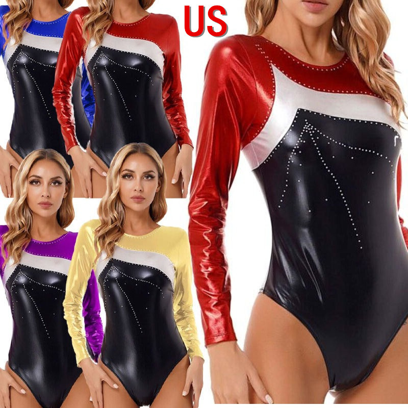 US Womens Ballet Dance Leotard Long Sleeves Bodysuit Shiny Metallic Dancewear