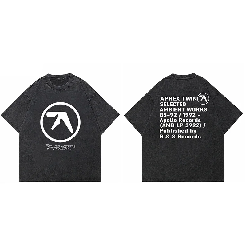 Men T-Shirt Aphex Twin Washed Black Print Cotton Graphic Oversized Korean Fashio