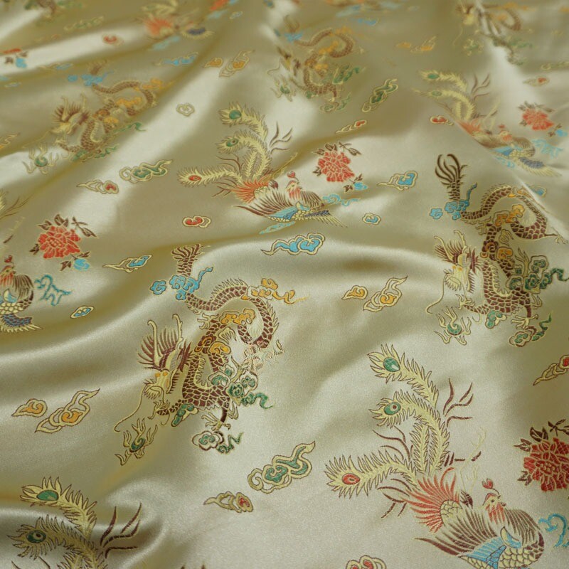 1m Retro Chinese Brocade Fabric Satin Dragon Phoenix Cloth Champagne Sew Costume