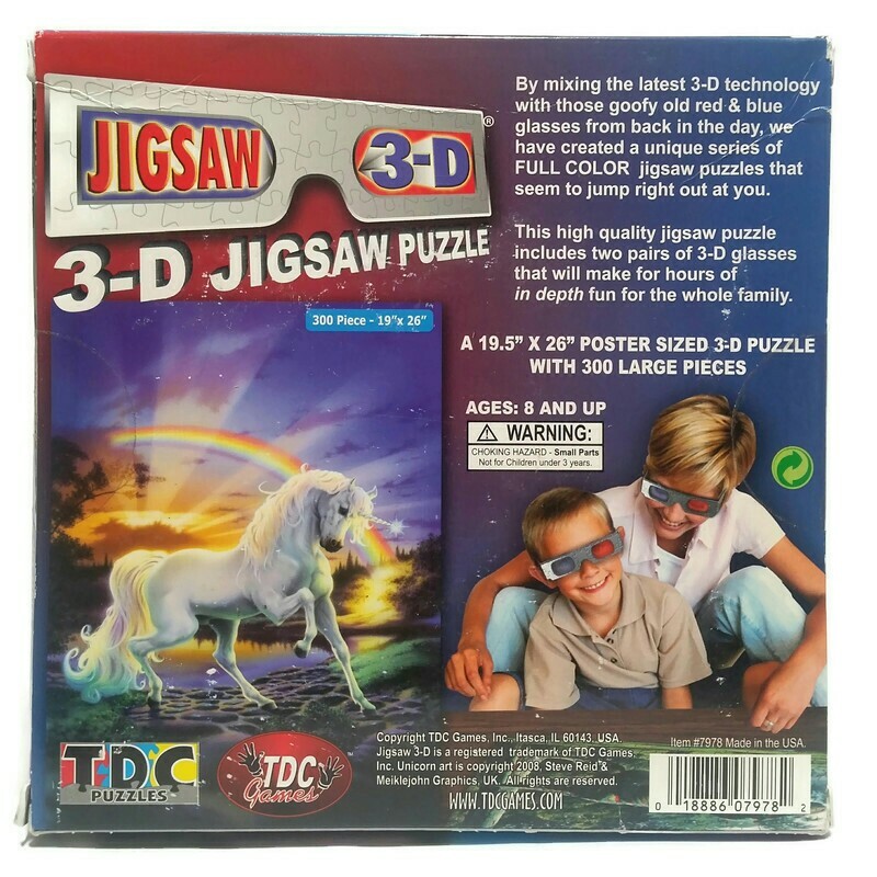Unicorn 300 Pieces Large Jigsaw Puzzle W/ 2 Pairs 3D Glasses 19x26 TDC Games NEW - Picture 3 of 8