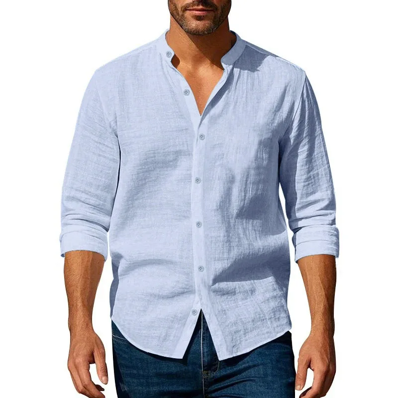 Cotton Linen Shirt for Men Henley Neck Solid Color Lightweight Breathable Slim F