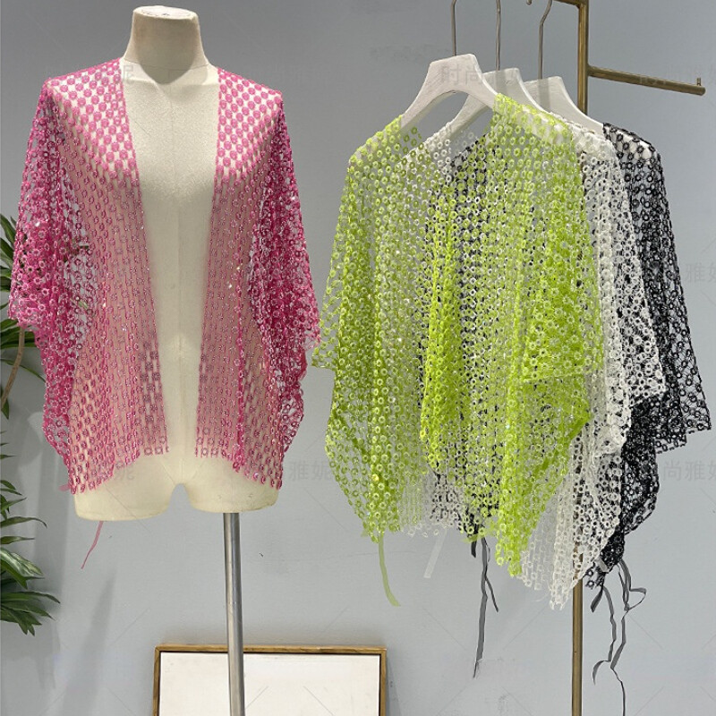 Women Flower Shaped Crystal Cardigan Jacket Sheer Hollow Out Costume Party