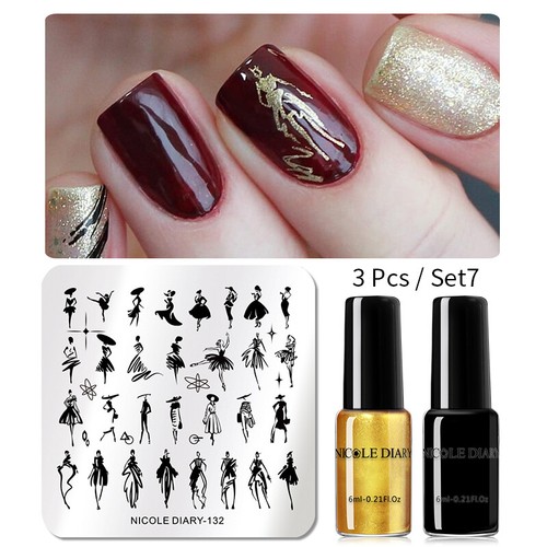 NICOLE DIARY 2Bottles 6ml Nail Art Stamping Polish + 1pc Nail Stamping Plate Set