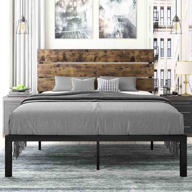 Full Size Platform Bed Frame with Wood Headboard and Metal Slats, Rustic Country