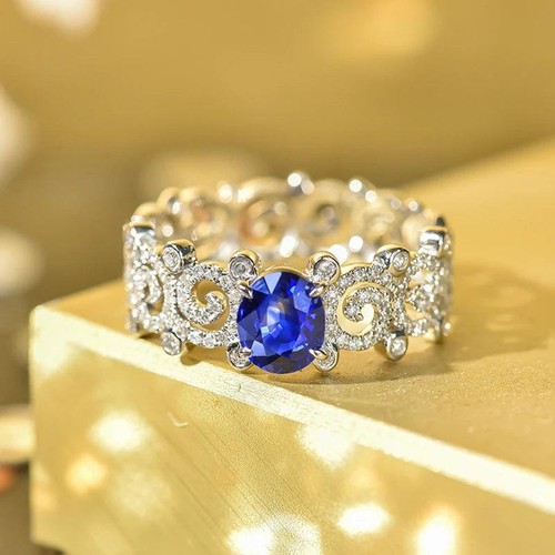 Elegant Blue Cubic Zirconia Geometric Hollow Wedding Band Ring for Women
