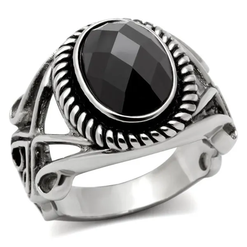 Men High Polished Stainless Steel Ring with AAA Grade CZ in Black Diamond - Size 12