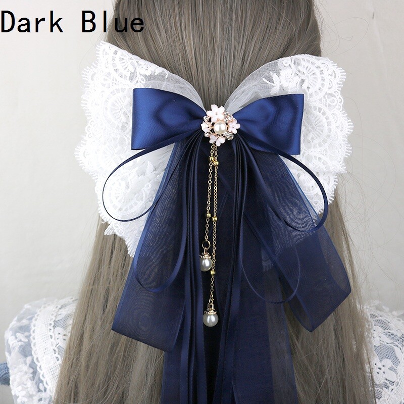 Barrette Cheveux Femme Fille Nœud Long Ruban Dentelle Organza Pendentif Vintage