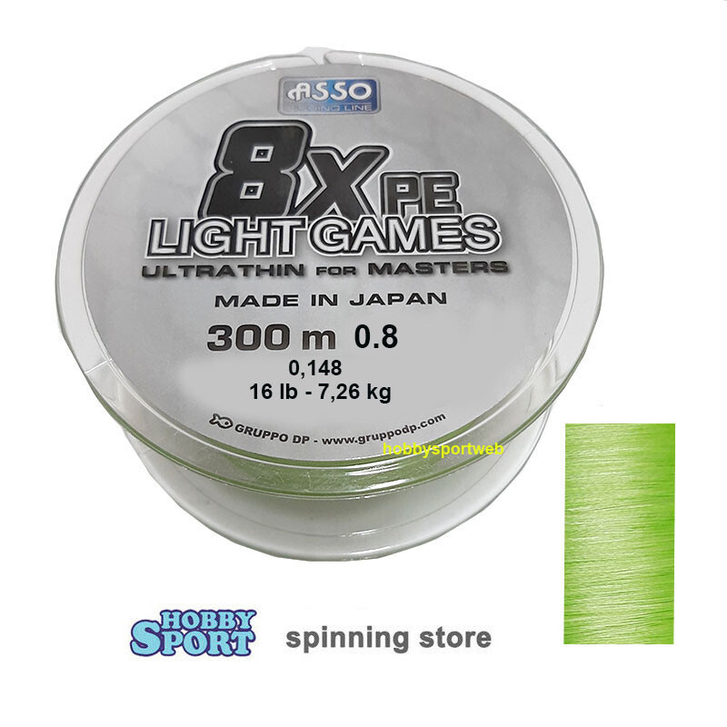 FILO ASSO TRECCIATO LIGHT GAMES 8X PE 0.8 DIAM 0,148 MM 300 MT TEST 16 LB  GREEN
