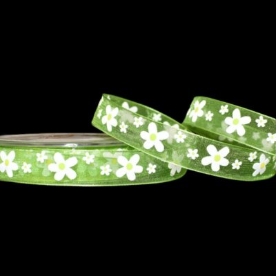22 Yard Spool White Puff Daisy Flowers Green Sheer Ribbon 5/8''W
