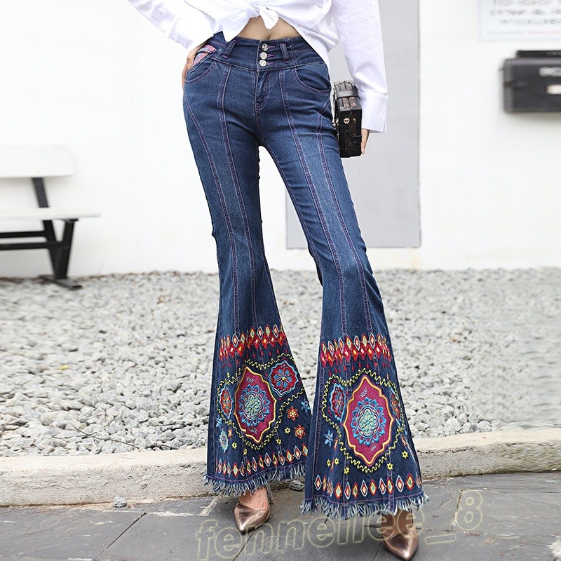パンツ embroidery design flare denim pants Women Boho Denim Slim Embroidery Tassels Jeans Flared Pants