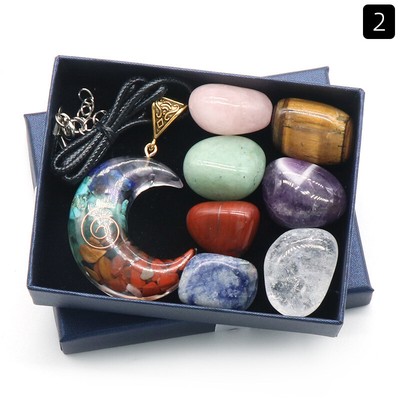 8pcs/set 7 Chakra Natural Crystal Stone Set Moon Necklace Yoga Healing Set