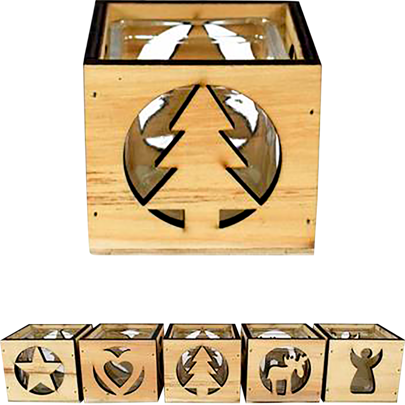 Porta Candela Lumino In Legno Con Bicchiere In Vetro Tema Natale dfh