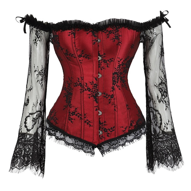Damen Gothic Schulterfreie Bluse Overbust Tops Bustier Spitze Rüschen Langarm