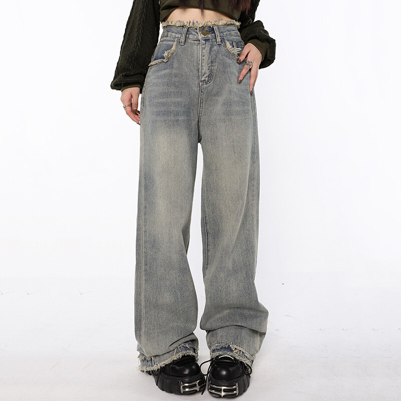 パンツ RIPPED WIDE STRAIGHT DENIM TSY Wholesale Women Fashion Ripped Wide Leg Straight Jeans