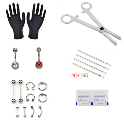 PRO 14G/16G Body Piercing Kit Needle Nipple Belly Tongue Eyebrow Nose LipC'JN