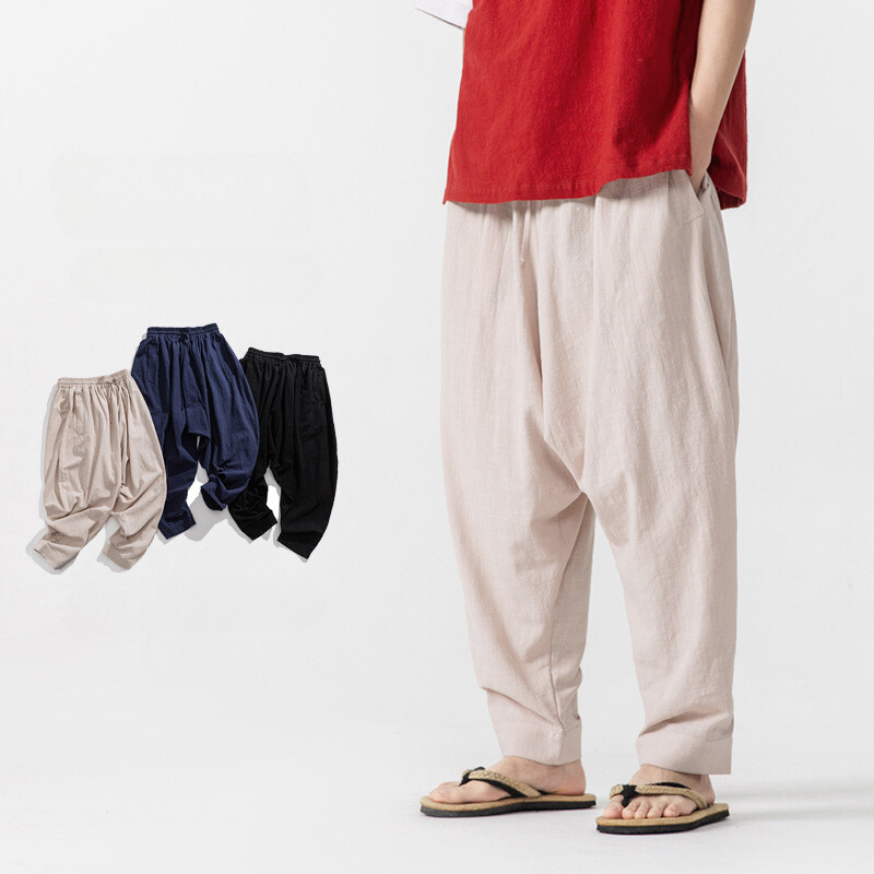 Hommes Conique Ample Pantalon Coton Lin Taille Élastique Décontracté Kung Fu