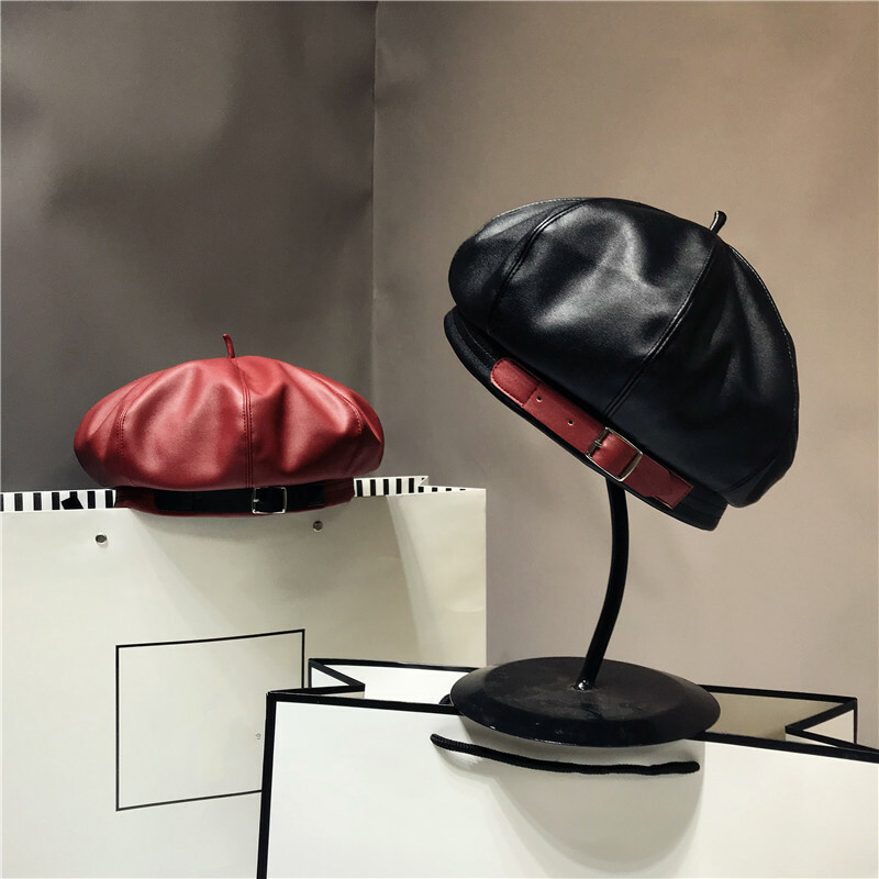 Women Beret Faux Leather PU Cap Beanie Hat Vintage Military Soldier Fashion New