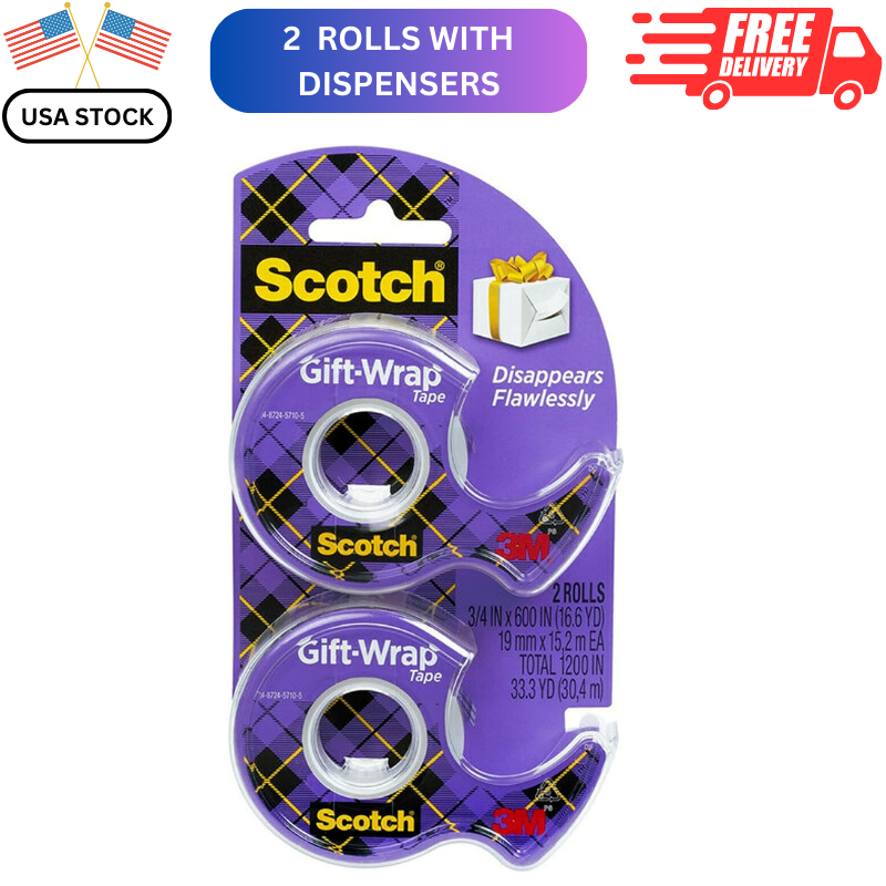 2 Tape Rolls With Dispensers for Gift Wrapping Christmas Presents and Gift Bags