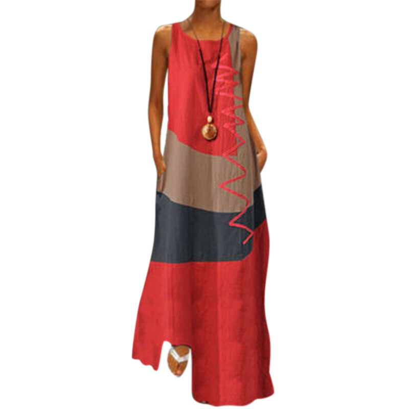 Retro Damen Taschen Ärmelloses Maxikleid Farbblock Freizeit Kaftan Lange Kleider
