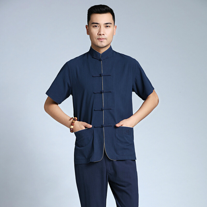 Men Cotton Linen Shirt T-shirt Kung Fu Chinese Frog Button Retro Casual Navyblue