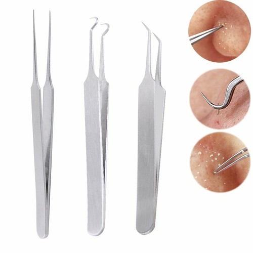 3x Set Edelstahl Mitesser Blackhead Akne Blemish Pickel Entferner Pinzette Nadel