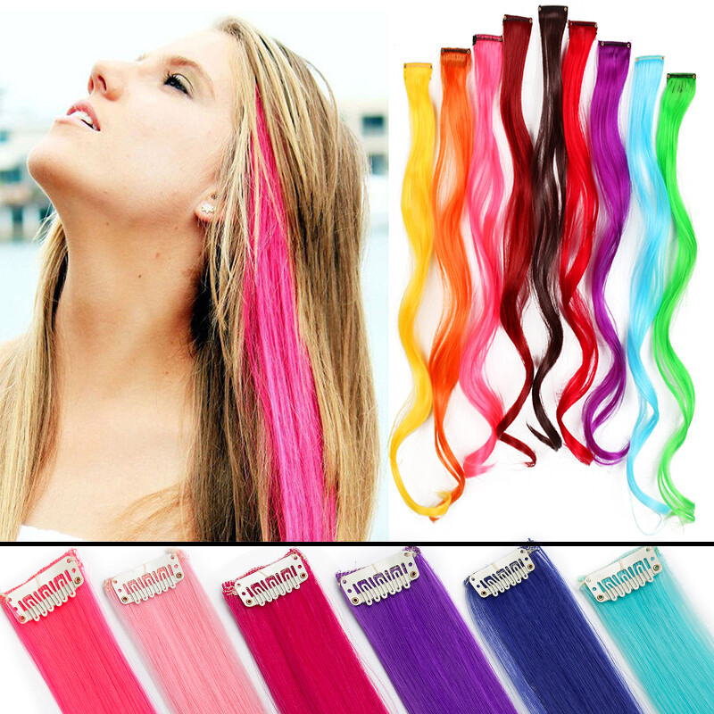 Multi Color Coloured Clip in Hair Extensions Hairpeices Straight Curly