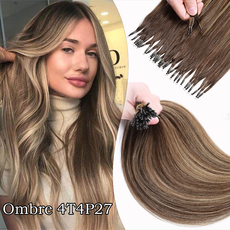 Nano Ring Remy 8A Human Hair Extensions Full Head Micro Bead Tip Thick Ombre 1g