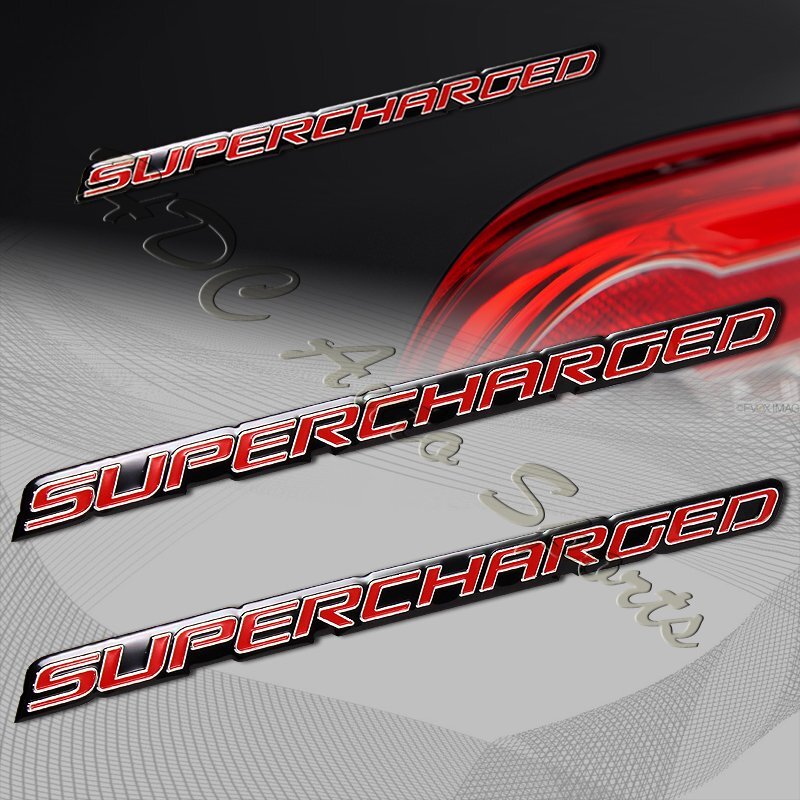 2 x Universal Red Supercharged Aluminum Adhesive Sticker Decal Emblem