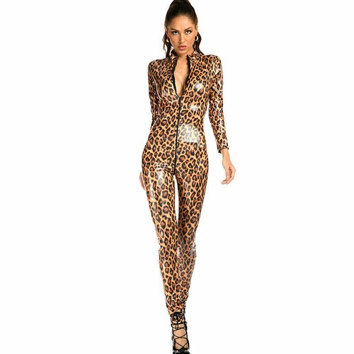 Women Wetlook Leopard Print Leather Catsuit Bodysuit 2-Way Zipper Shiny Jumpsuit