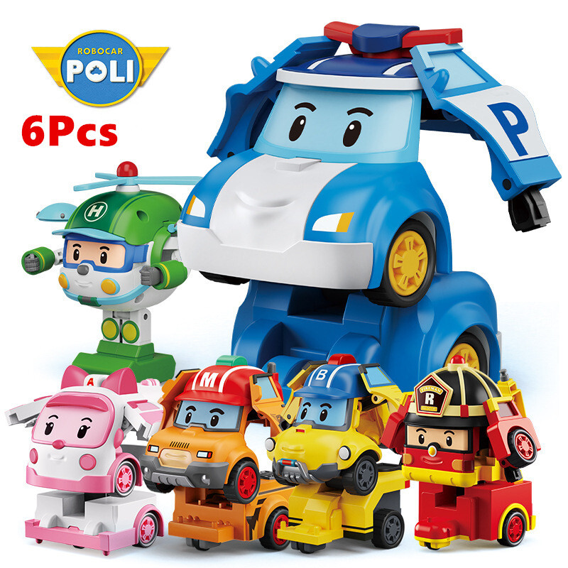 6Pcs Poli Robocar Transformation Robot Poli Amber Car Model Amber Helly Mark Toy