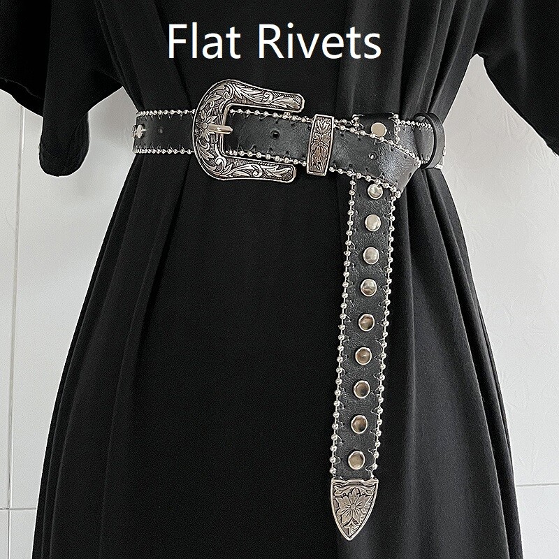 Femme Simili Cuir Ceinture Étroit Punk Rock Rivets Clouté Cowgirl Ceinture Noir