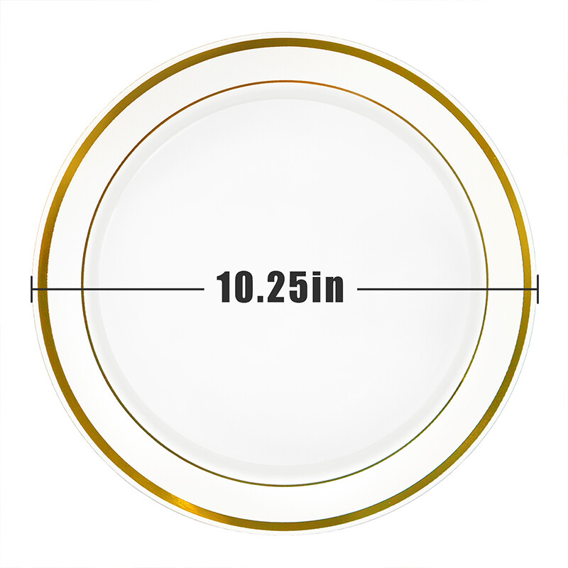 Disposable Plastic Plates for Party Dinnerware Heavy Duty White Gold Rim 10.25"