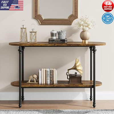 Rustic Console Table 43.3 Inch 2 Tier Storage Entryway Sofa Table Metal Frame US
