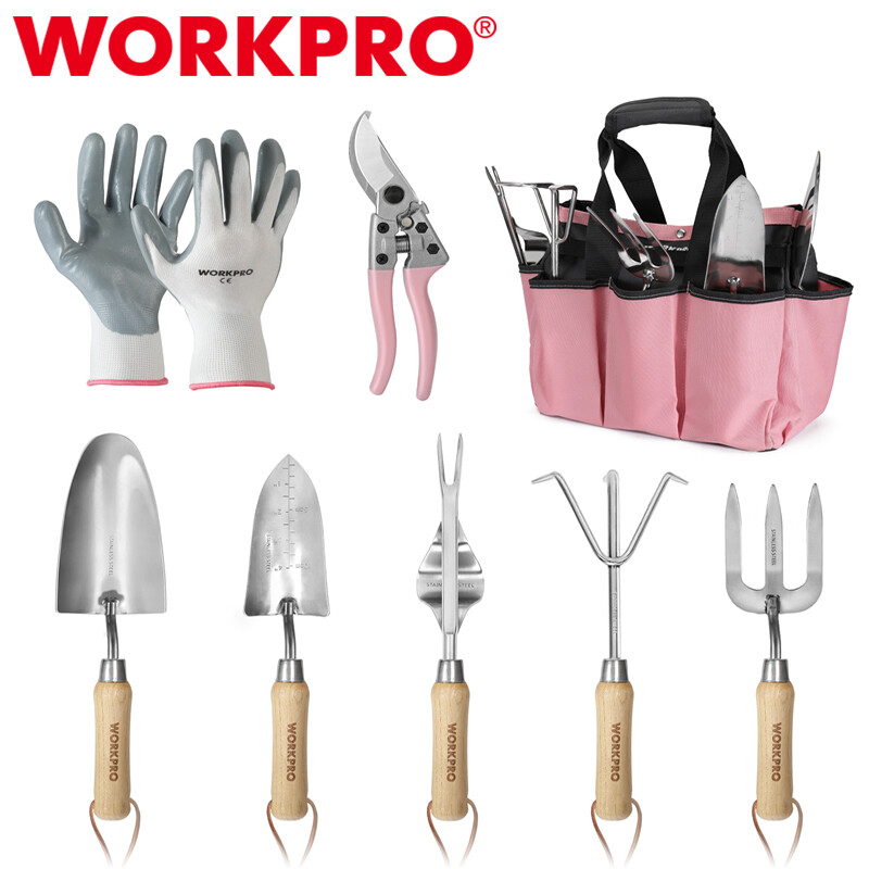 WORKPRO Pink Garden Tool Set 7PC Stainless Steel Heavy Duty Tool w/Wooden Handle
