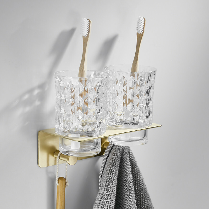 Brass Bath Toothbrush Holder Brushed Gold Rack Double Tooth Brushing Cup Glass eBay