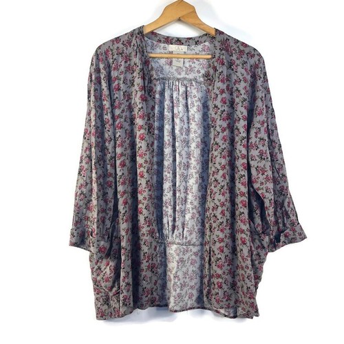 CAD Womens Gray Pink Open Front Top Over Shirt One Button Floral 3/4 Sleeve XL