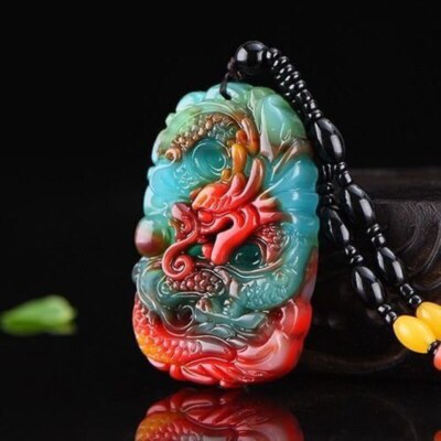 2.08'' Pendant Necklace Jewelry Carved Amulet Gift Natural Colour Jade Dragon