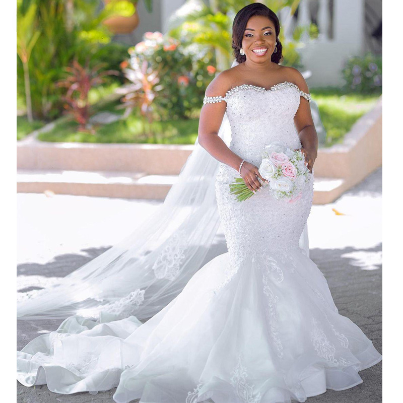 タグ付 Arobe Pearl Mermaid Flare Dress/Lace Pearl Beaded Strapless Mermaid Wedding Dress - Trumpet Lace