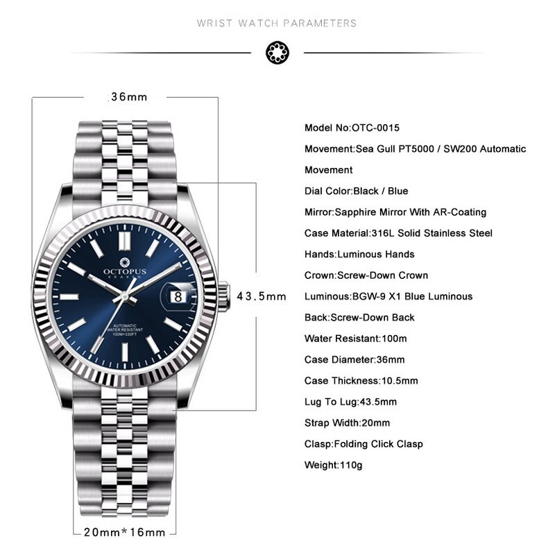 Pre-owned Octopus Men Automatic Watch 36mm 10atm Mechanical Wristwatch Luminous Pt5000