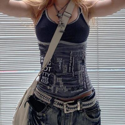 Women Goth Black Spaghetti Tops Grunge Punk Mini Vest Y2k Printed Tank Cute