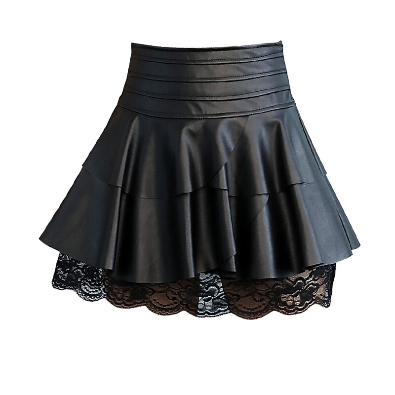 Jupe Mini Tutu Taille Haute Similicuir Dentelle Plissée Volants Noire