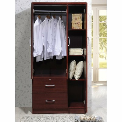 Hodedah 3 Door Armoire with 2 Drawers 3 Shelves in Mahogany Wood