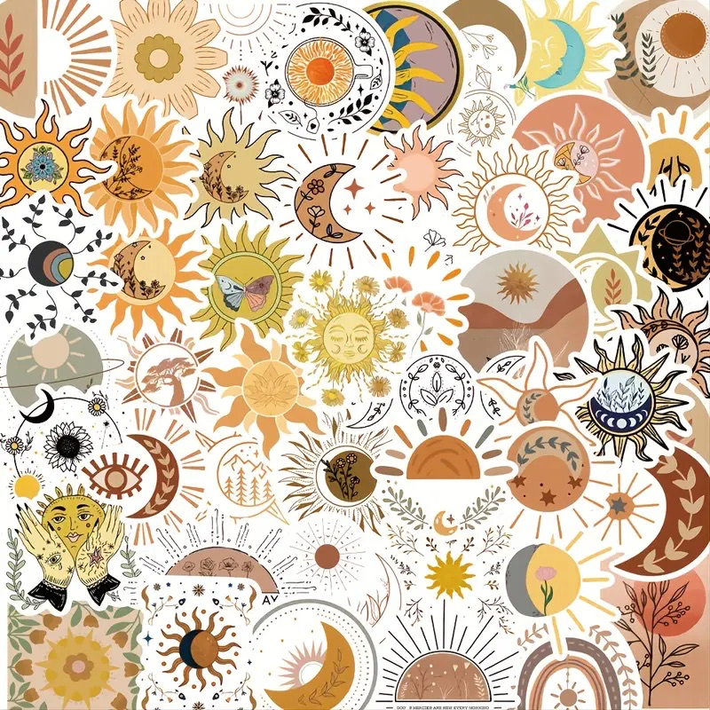 Boho Sun Stickers, Set of 25, Aesthetic, Celestial, decal, w