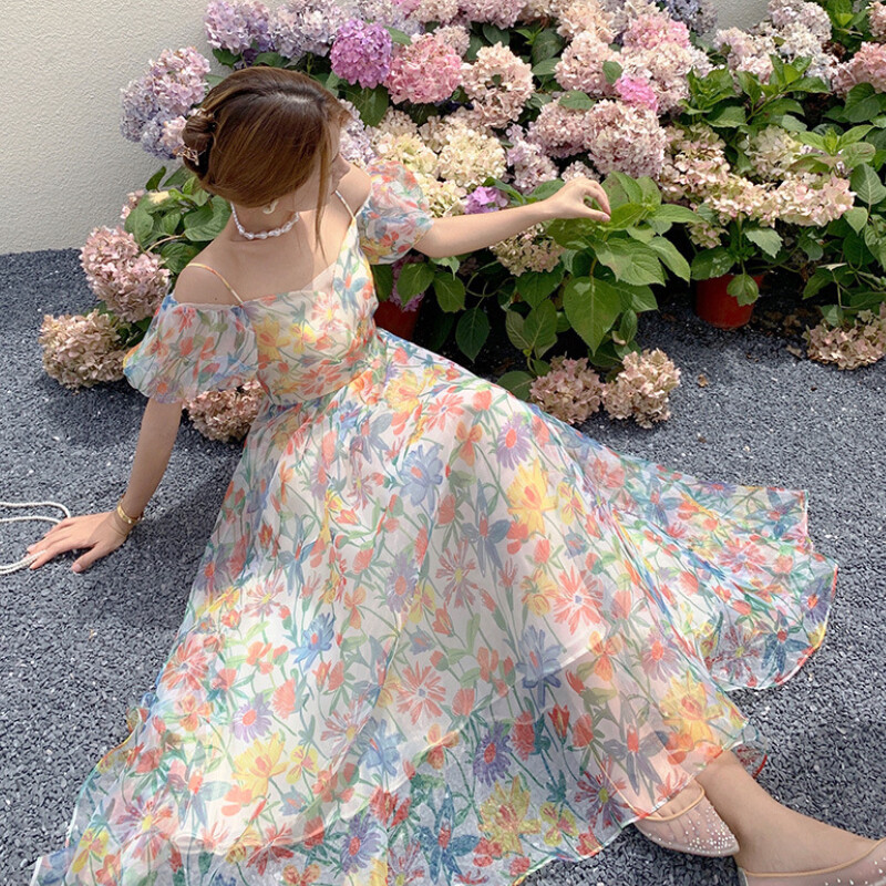 ハーリップトゥ French Bouquet Puff Sleeve Dress Women Off Shoulder Puff Sleeve Long Dress Floral Tunic