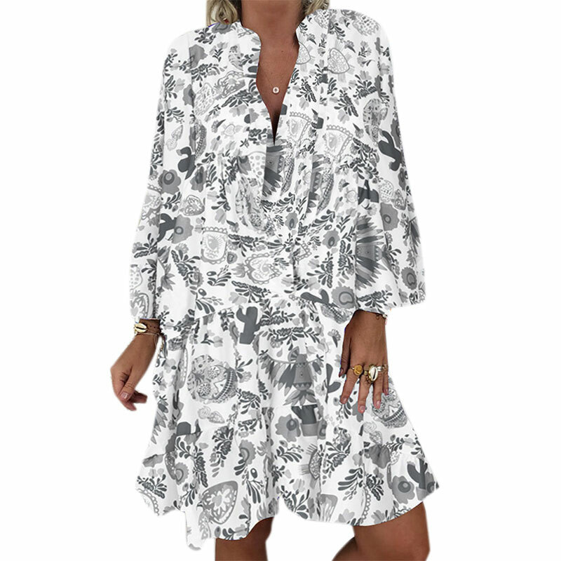 Damen Blumen V-Ausschnitt Strandkleid Minikleid Boho Kaftan Tunika Longtop Kleid