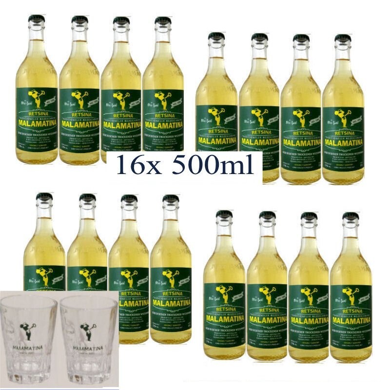 Retsina Malamatina 16x 500ml WeiÃWein Geharzt Aus Griechenland Beigabe 2 GlÃ¤Ser