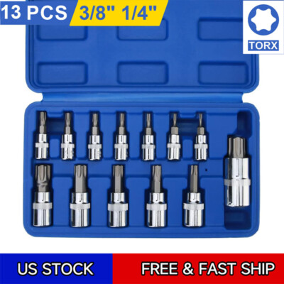 13PCS Drive Torx Bit Socket Set 1/4'' 3/8'' 1/2'' T8-T70 Star Bit Socket Set Tool