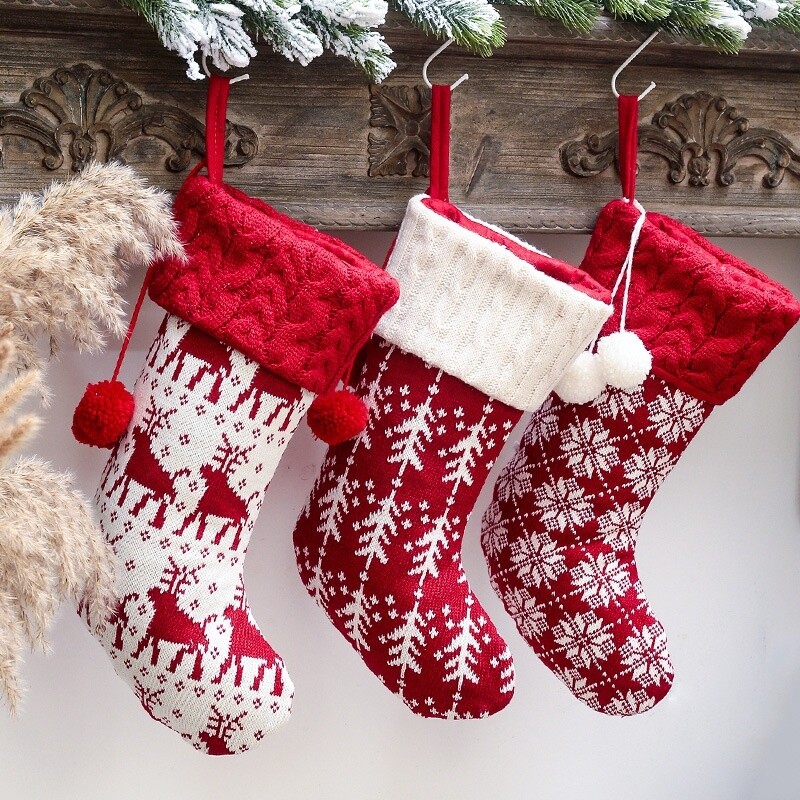 Tricoté Noël Laine Chaussettes Bas Élan Flocon Bonbon Sac Cadeau Arbre Décor