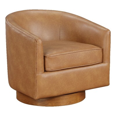 Comfort Pointe Irving Saddle Brown Faux Leather Wood Base Barrel